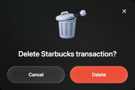 Dialog Delete Starbucks transaction? with Cancel and Delete buttons.