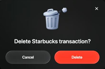 Dialog Delete Starbucks transaction? with Cancel and Delete buttons.