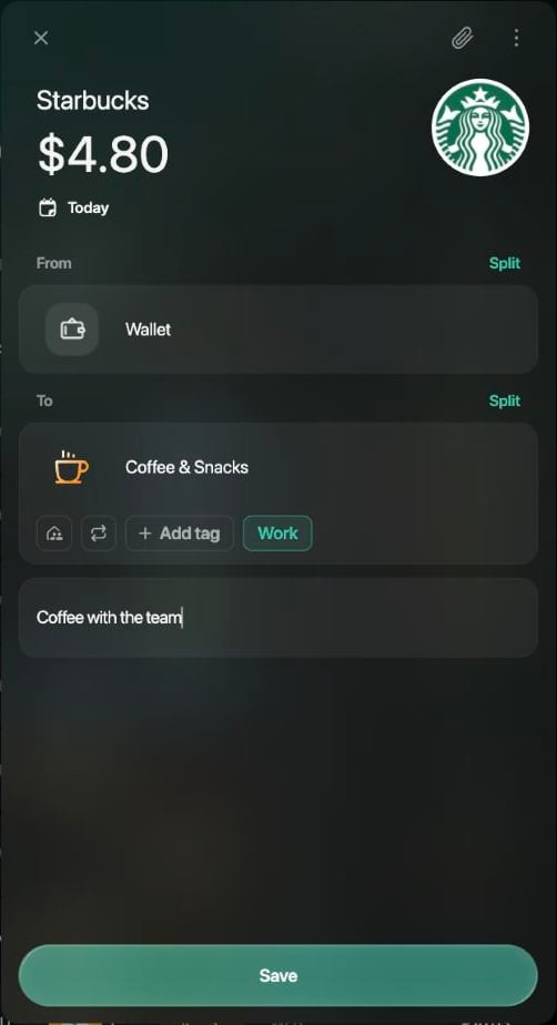 New Starbucks expense of $4.80 from Wallet to Coffee & Snacks with the tag Work selected and the note Coffee with the team.
