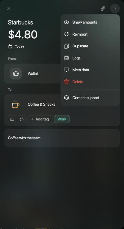 Menu of a Starbucks expense of $4.80 with Show amounts, Reimport, Duplicate, Logs, Meta data, Delete and Contact support.