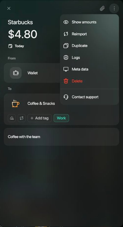 Menu of a Starbucks expense of $4.80 with Show amounts, Reimport, Duplicate, Logs, Meta data, Delete and Contact support.