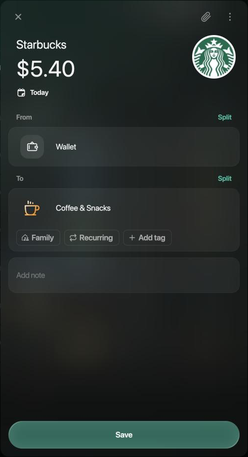 New Starbucks expense of $5.40 dated Today, from Wallet to Coffee & Snacks, with a Save button.