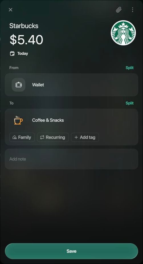 New Starbucks expense of $5.40 dated Today, from Wallet to Coffee & Snacks, with a Save button.