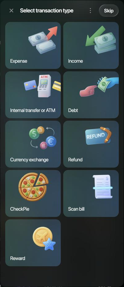 Select transaction type panel with Expense, Income, Internal transfer or ATM, Debt, Currency exchange, Refund, CheckPie, Scan bill and Reward.
