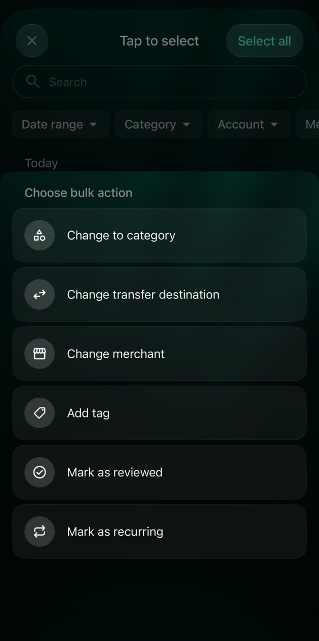 iOS Choose bulk action list with Change to category, Change transfer destination, Change merchant, Add tag, Mark as reviewed and Mark as recurring.