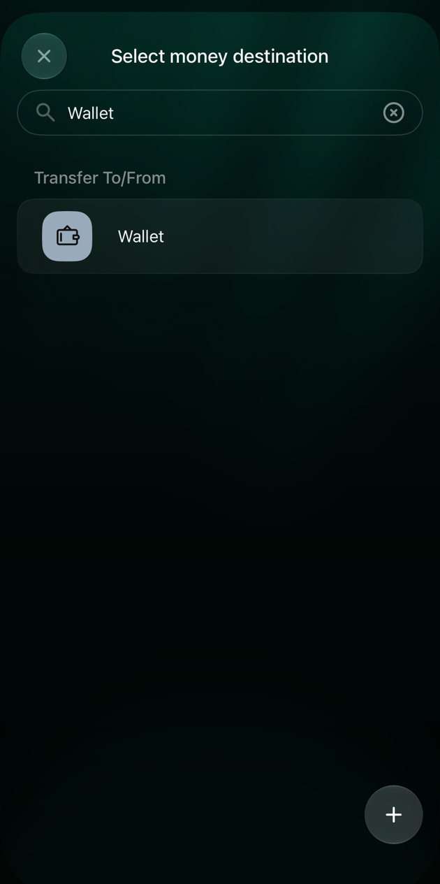 iOS Select money destination screen with Wallet typed in Search and the cash account Wallet under Transfer To/From.
