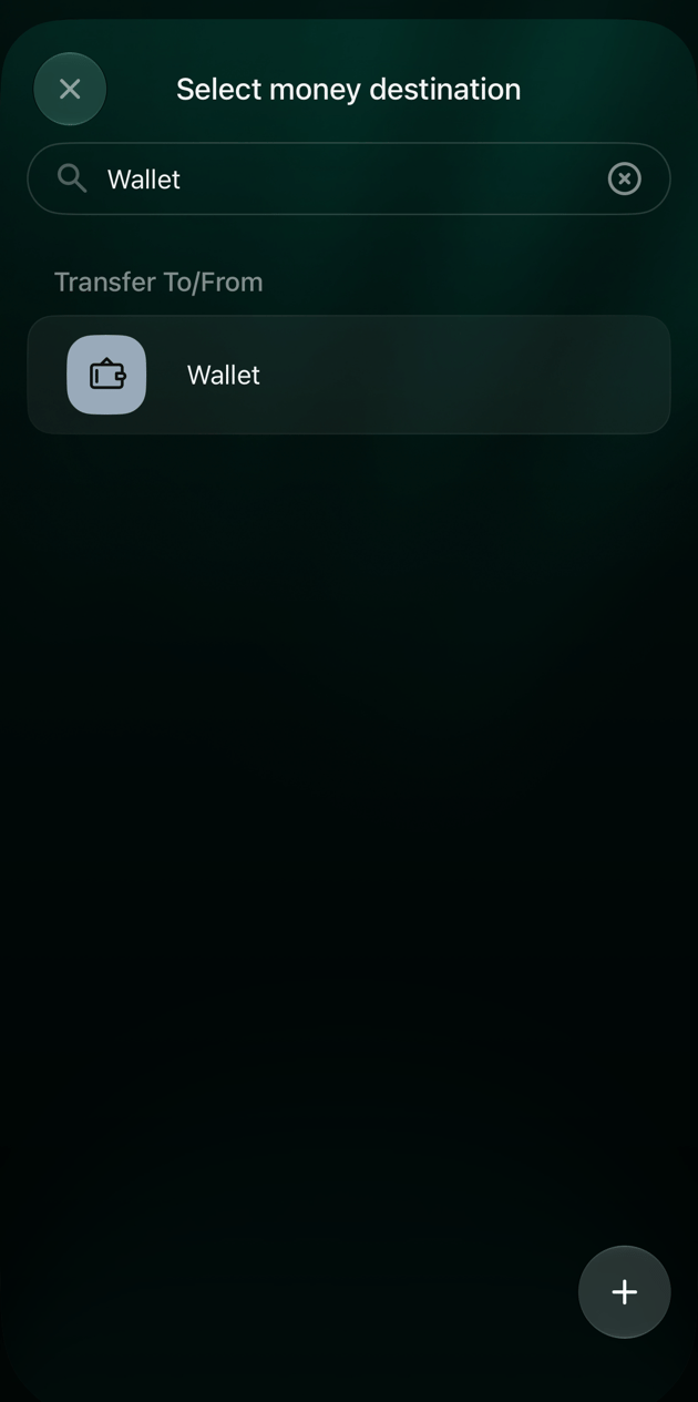 Pantalla Select money destination de iOS con Wallet escrito en Search y la cuenta de efectivo Wallet en Transfer To/From.