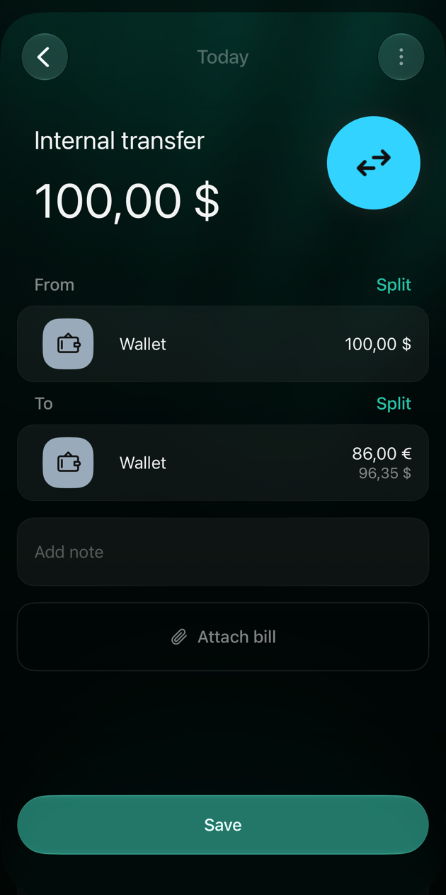 iOS new Internal transfer from Wallet, 100 dollars, to Wallet, 86 euros shown as 96.35 dollars, with Save.