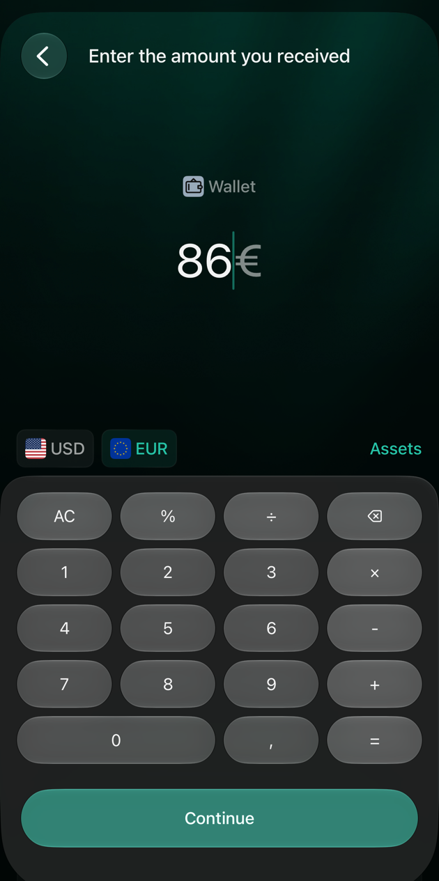 iOS Enter the amount you received screen for Wallet with 86 euros and a Continue button.