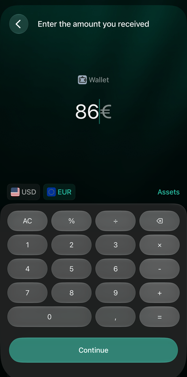 Pantalla Enter the amount you received de iOS para Wallet con 86 euros y el botón Continue.