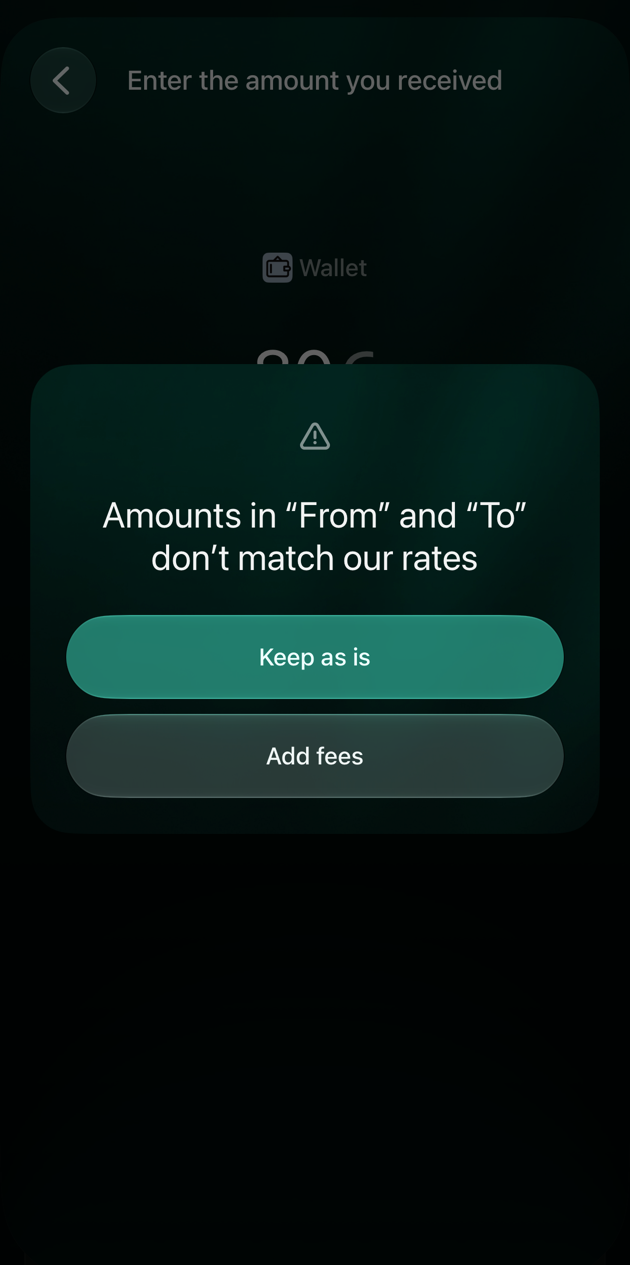 iOS dialog Amounts in From and To don't match our rates with Keep as is and Add fees.