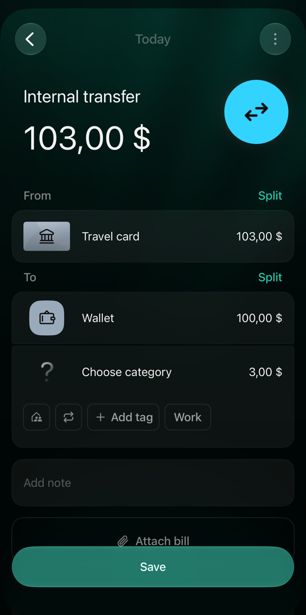 iOS Internal transfer of 103 dollars from Travel card, with To lines Wallet 100 dollars and Choose category 3 dollars.