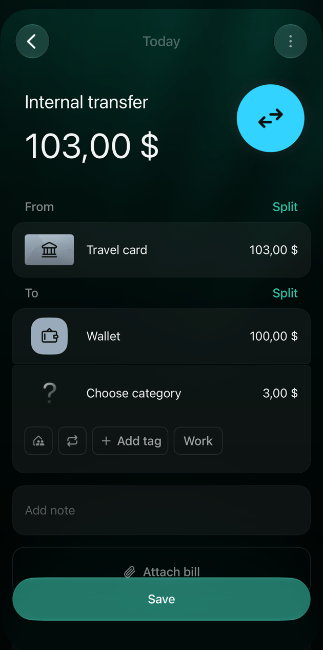 Internal transfer de 103 dólares desde Travel card en iOS, con las líneas en To Wallet, 100 dólares, y Choose category, 3 dólares.