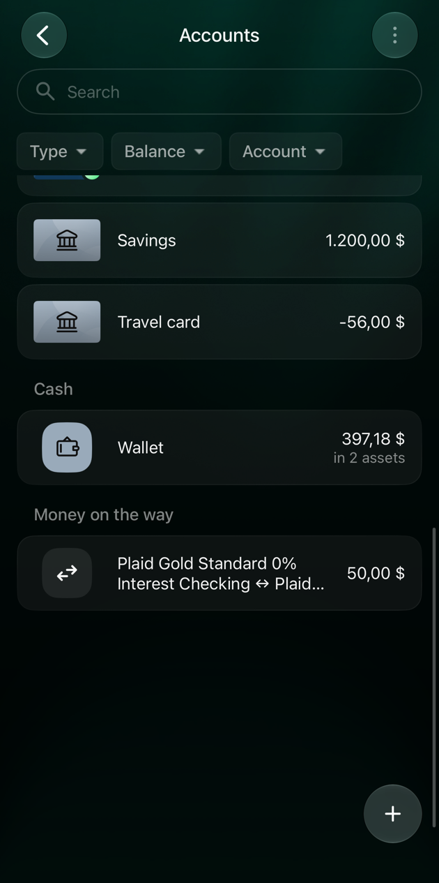 iOS Accounts list ending with the Money on the way group: Plaid Gold Standard 0% Interest Checking ↔ Plaid Silver, 50 dollars.