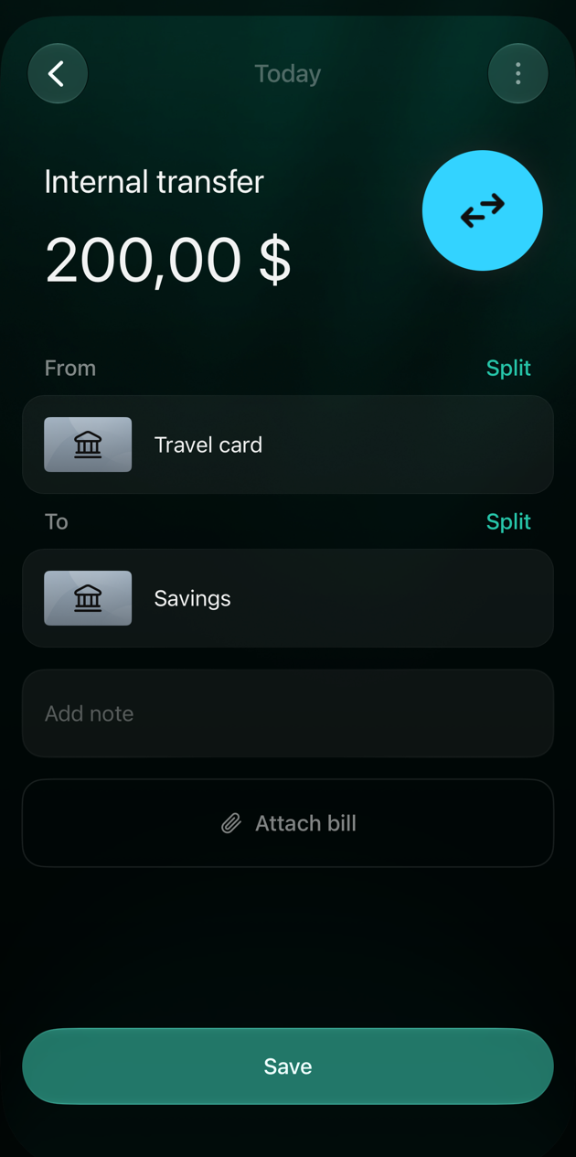 iOS new Internal transfer of 200 dollars from Travel card to Savings, with Add note, Attach bill and Save.