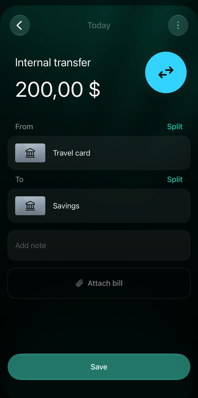 Nueva Internal transfer de 200 dólares en iOS, de Travel card a Savings, con Add note, Attach bill y Save.