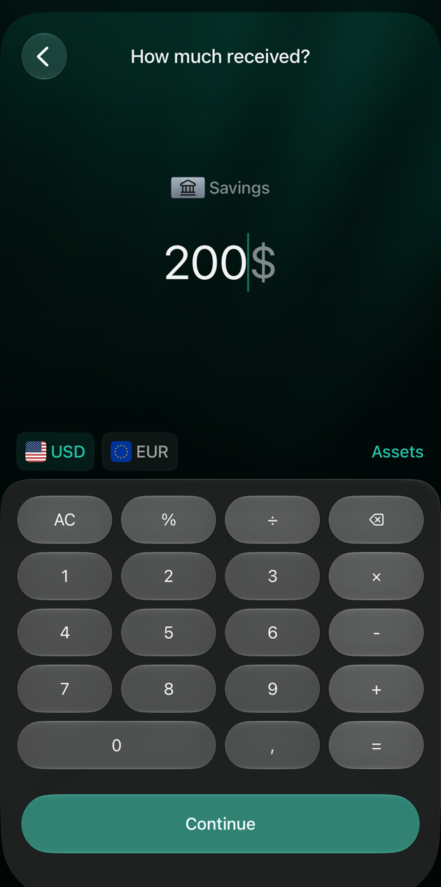 iOS How much received? screen for Savings with 200 dollars filled in and a Continue button.