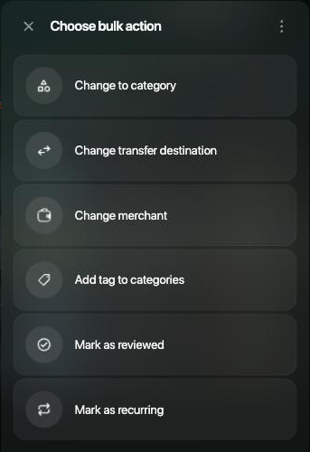 Choose bulk action panel with Change to category, Change transfer destination, Change merchant, Add tag to categories, Mark as reviewed and Mark as recurring.