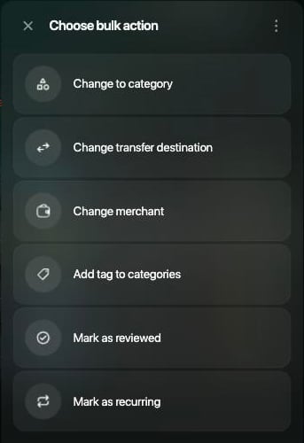 Panel Choose bulk action con Change to category, Change transfer destination, Change merchant, Add tag to categories, Mark as reviewed y Mark as recurring.