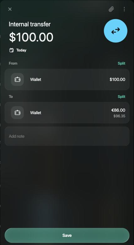 New Internal transfer from Wallet, $100.00, to Wallet, €86.00 shown as $96.35, with a Save button.
