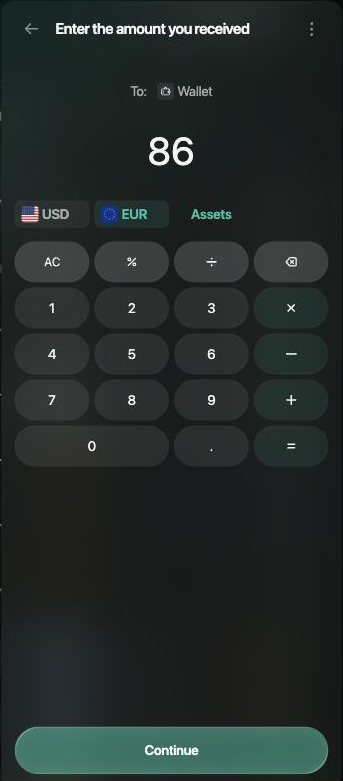 Enter the amount you received step for Wallet with 86 in EUR and a Continue button.