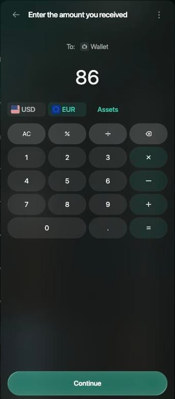 Paso Enter the amount you received para Wallet con 86 en EUR y el botón Continue.