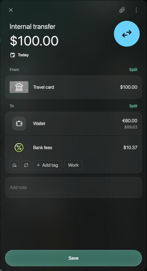 Internal transfer of $100.00 from Travel card to Wallet, €80.00, with a second To line Bank fees of $10.37.