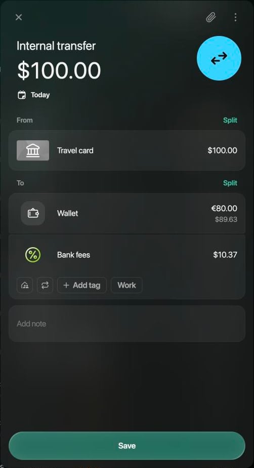 Internal transfer de $100.00 de Travel card a Wallet, €80.00, con una segunda línea en To, Bank fees, de $10.37.