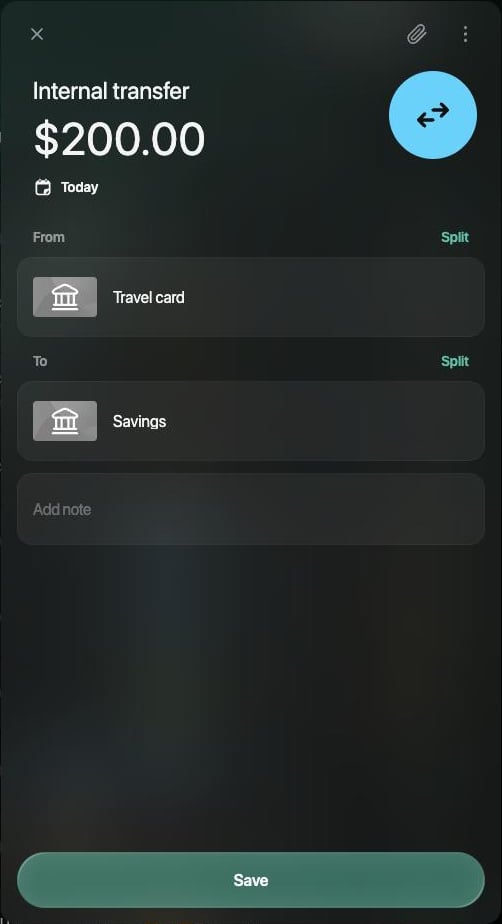 Nueva Internal transfer de $200.00 con fecha Today, de Travel card a Savings, con el botón Save.