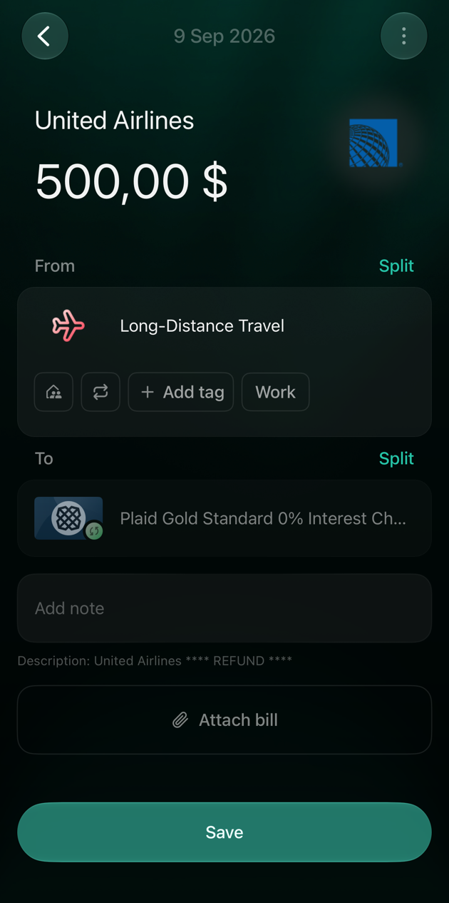 iOS United Airlines transaction with Long-Distance Travel in From and a Save button.
