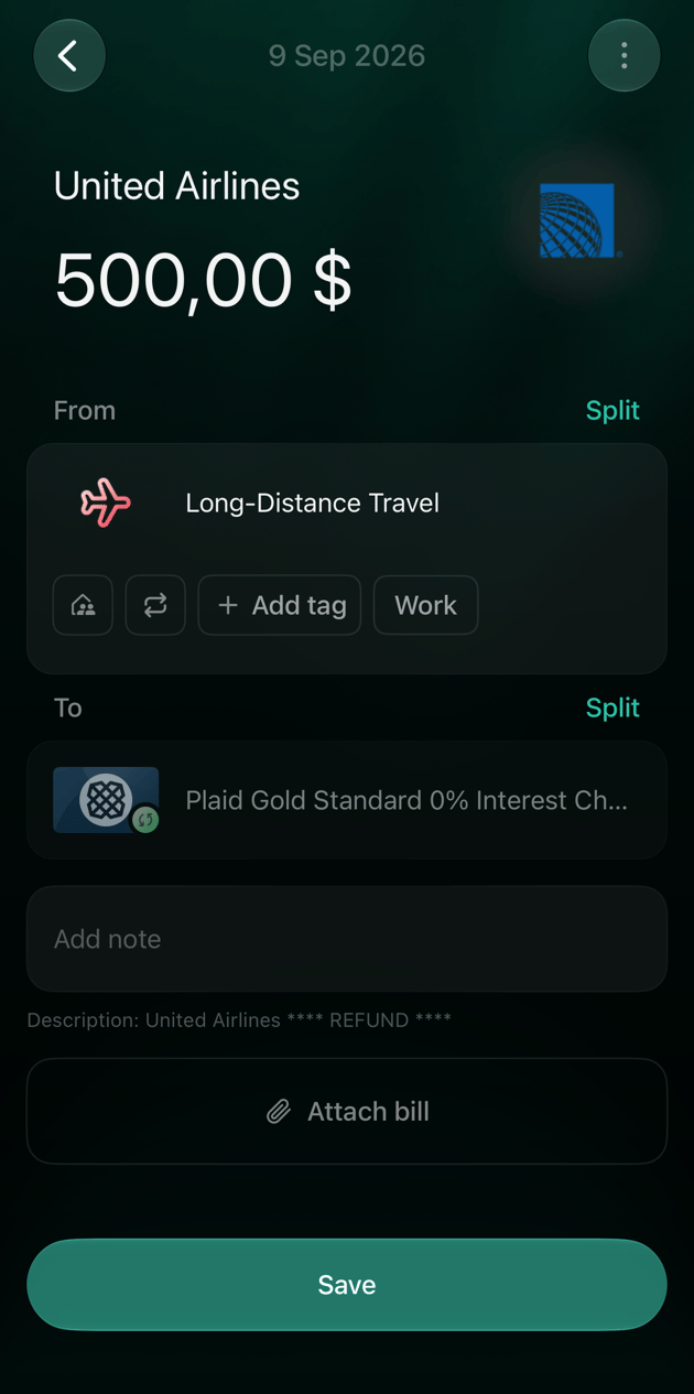 iOSのUnited Airlinesの取引。FromにLong-Distance Travel、Saveボタン