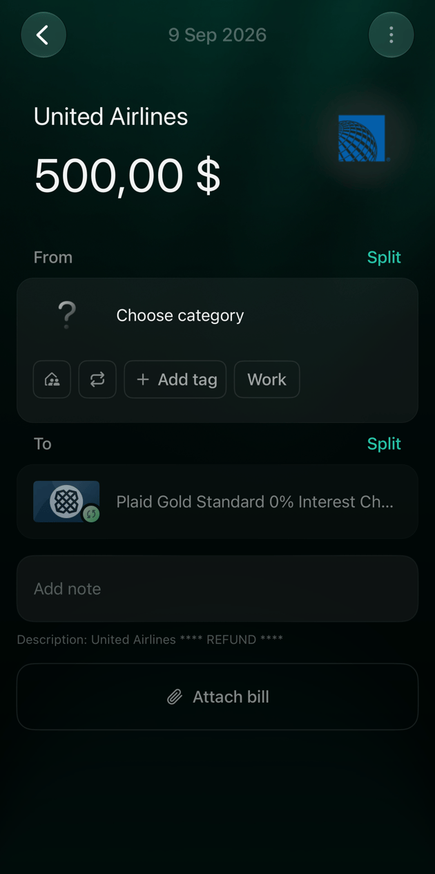iOSのUnited Airlines 500ドル、9 Sep 2026。FromにChoose category、ToにPlaid Goldの口座