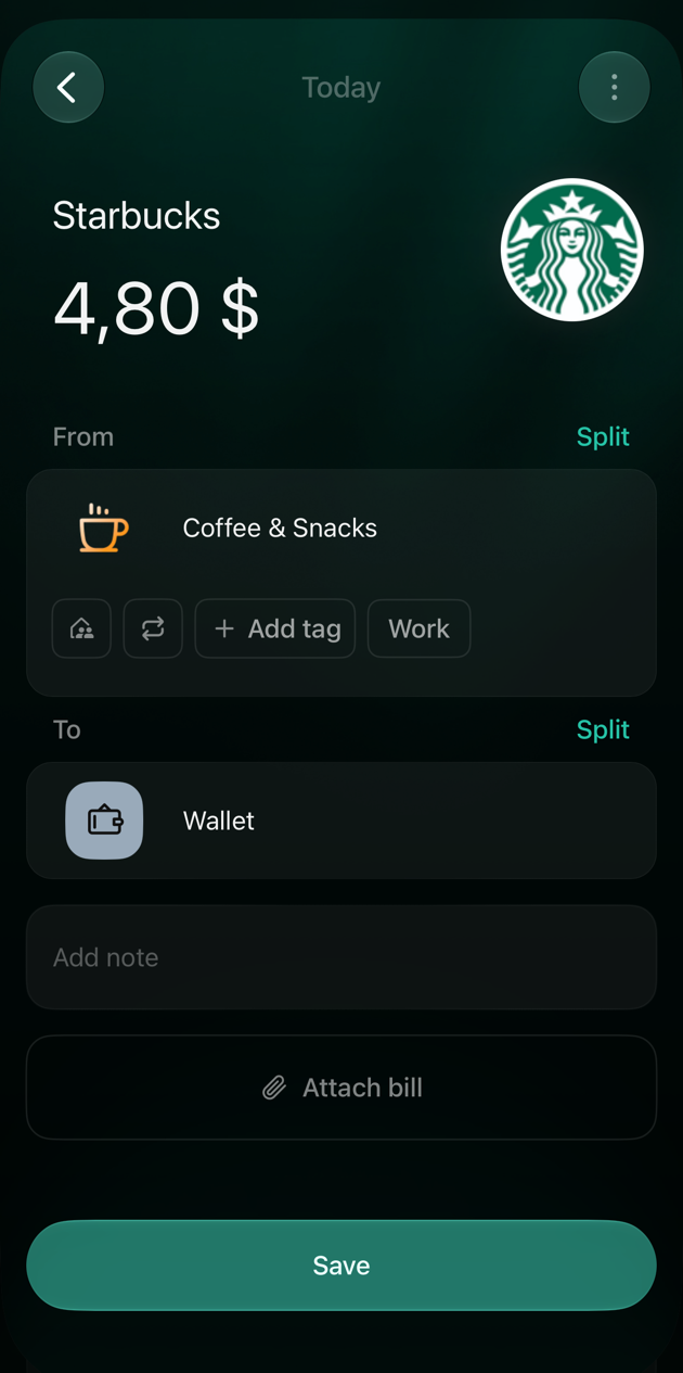 iOS new Starbucks transaction of 4.80 dollars dated Today, from Coffee & Snacks to Wallet, with a Save button.