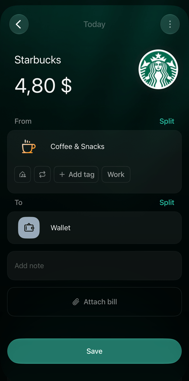iOSの新しいStarbucksの取引4.80ドル。日付はToday、Coffee & SnacksからWalletへ、Saveボタン