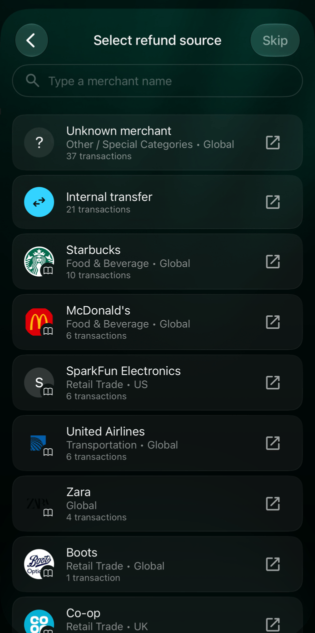 iOSのSelect refund source画面。Skipボタン、お店の検索欄、Starbucksを含むお店のリスト