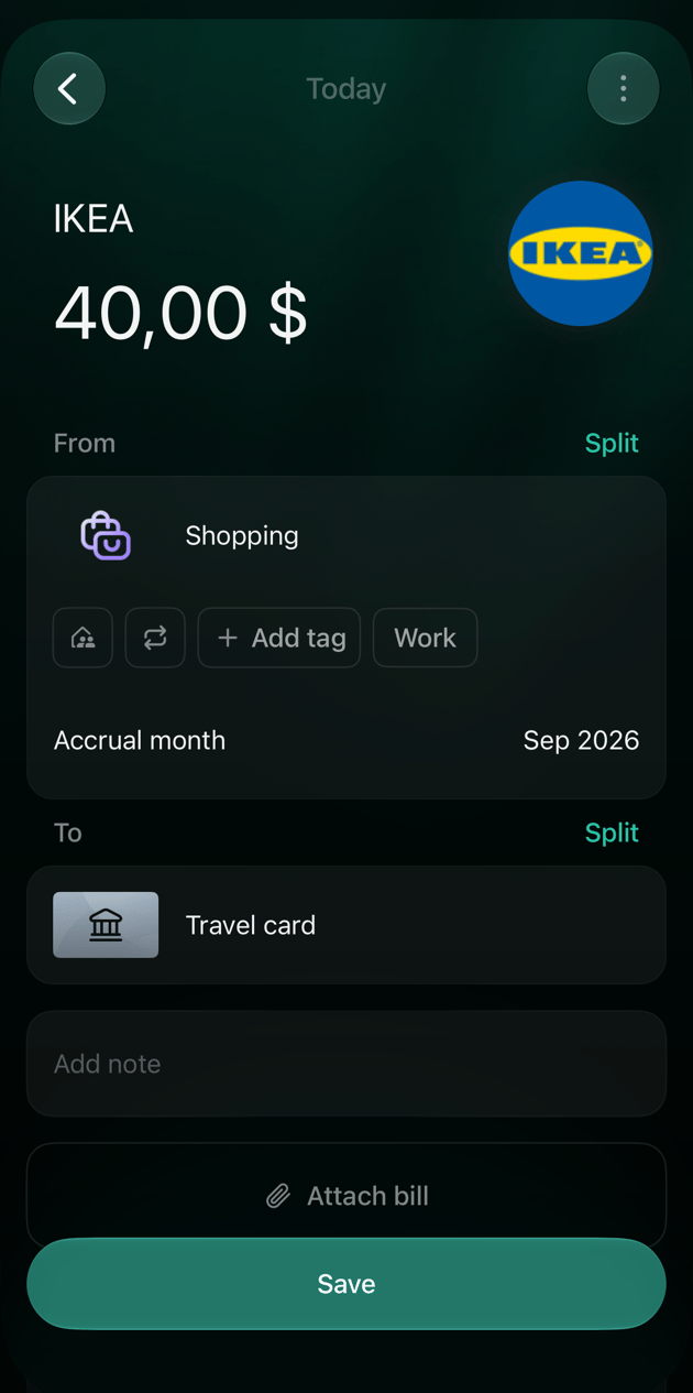 iOSの新しいIKEAの取引40ドル。日付はToday、計上月Sep 2026のShoppingからTravel cardへ、Saveボタン