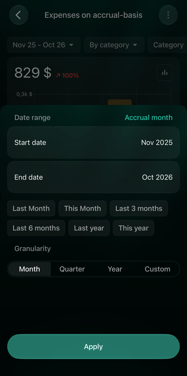 iOS Expenses on accrual-basis report with the period panel open: Date range, Accrual month, start and end dates, presets and an Apply button.