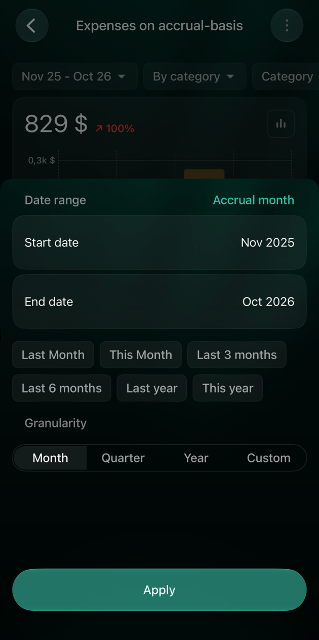 iOSのExpenses on accrual-basisレポートで期間のパネルを開いたところ。Date range、Accrual month、開始日と終了日、プリセット、Applyボタン