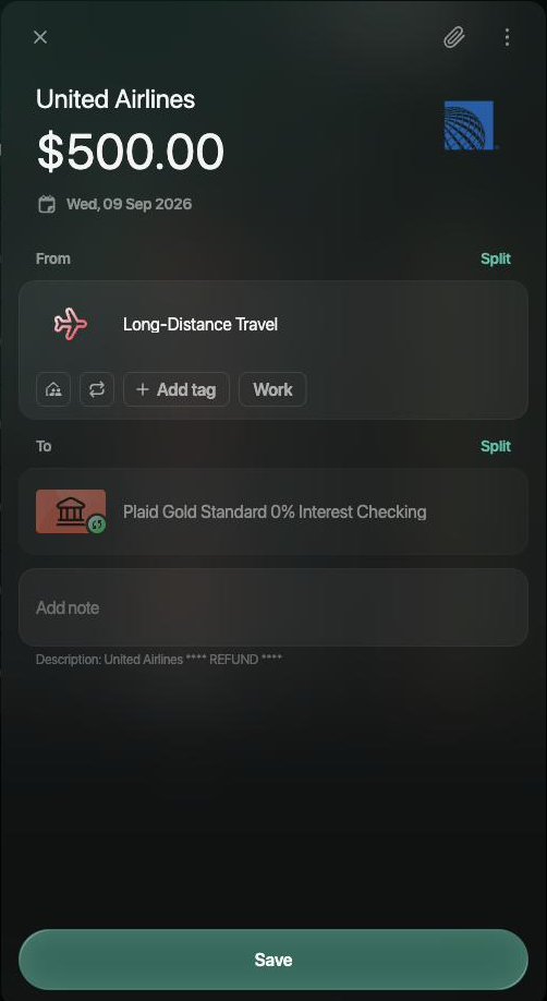 The same United Airlines transaction with Long-Distance Travel in From and a Save button.