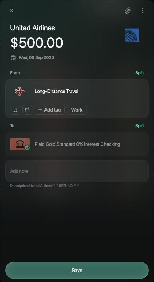 同じUnited Airlinesの取引。FromにLong-Distance Travel、Saveボタン