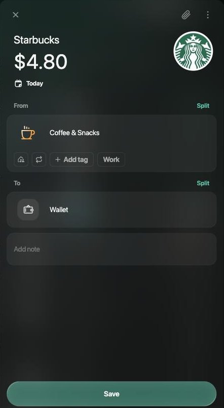 New Starbucks transaction of $4.80 dated Today, from Coffee & Snacks to Wallet, with a Save button.
