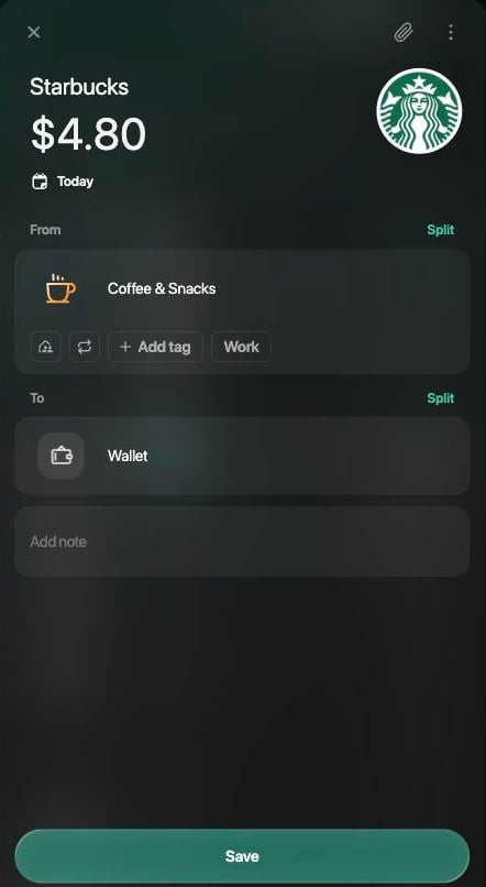 新しいStarbucksの取引$4.80。日付はToday、Coffee & SnacksからWalletへ、Saveボタン