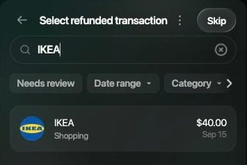 Select refunded transactionパネル。SearchにIKEAと入力され、結果はIKEA、Shopping、$40.00、Sep 15の1件