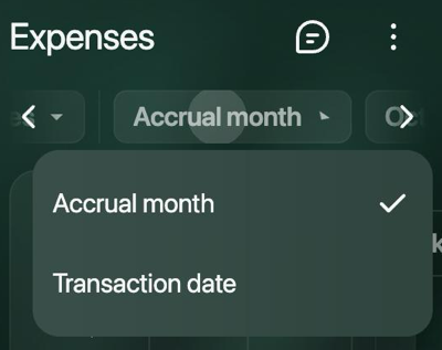 Expenses report with the Accrual month menu open: Accrual month, checked, and Transaction date.