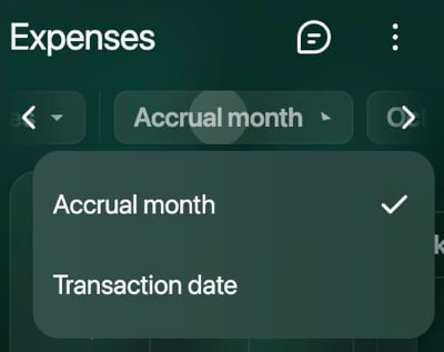 ExpensesレポートでAccrual monthのメニューを開いたところ。チェック付きのAccrual monthとTransaction date