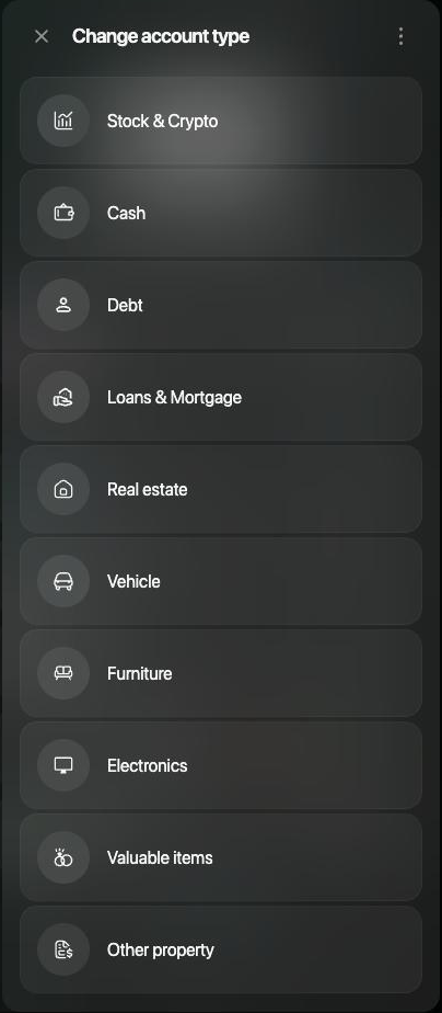 Panel Change account type de una cuenta bancaria: Stock & Crypto, Cash, Debt, Loans & Mortgage, Real estate, Vehicle, Furniture, Electronics, Valuable items y Other property.