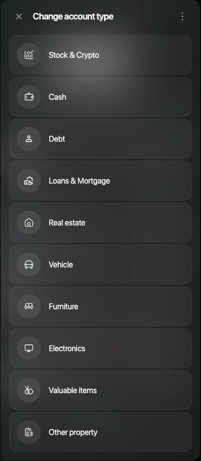 Panel Change account type de una cuenta bancaria: Stock & Crypto, Cash, Debt, Loans & Mortgage, Real estate, Vehicle, Furniture, Electronics, Valuable items y Other property.