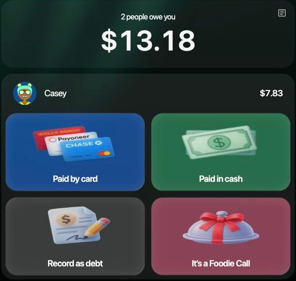 2 people owe you $13.18. Casey $7.83 con los botones Paid by card, Paid in cash, Record as debt e It's a Foodie Call; debajo, Riley $5.35.