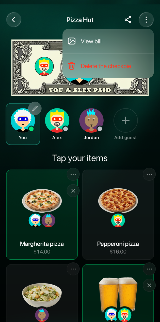 El CheckPie de Pizza Hut en la app de iOS con el menú ⋮ abierto: View bill y Delete the checkpie.