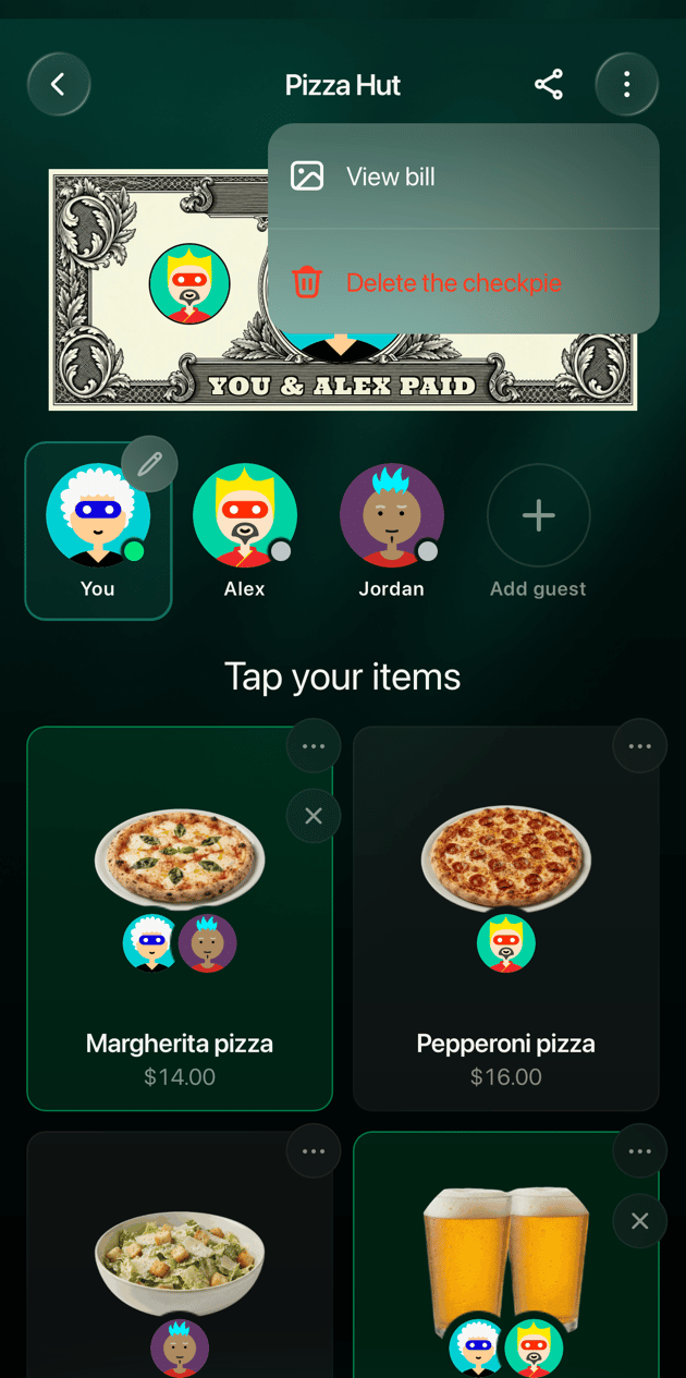 El CheckPie de Pizza Hut en la app de iOS con el menú ⋮ abierto: View bill y Delete the checkpie.